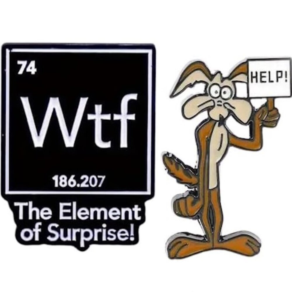 Funny Enamel Pins - Coyote with "HELP!" Sign & Element 74, Wtf
